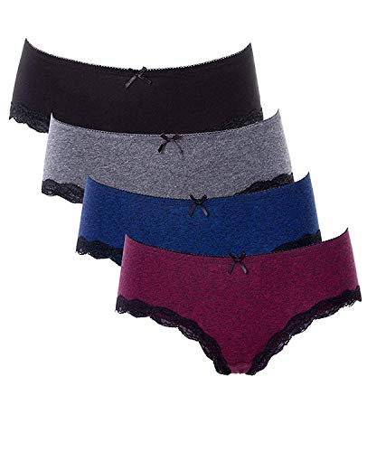 Anwell Womens Hipster Panties Mid Waisted Cotton Lace Trim Bikini Underwear 4 Pack