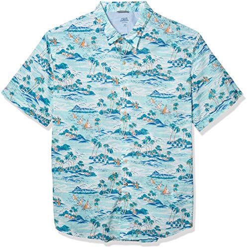 IZOD Men's Slim Fit Saltwater Dockside Chambray Short Sleeve Button Down Patterned Shirt