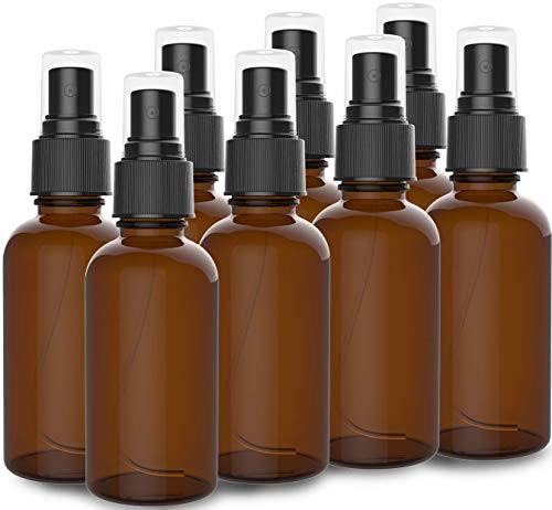 8 Pack Amber Spray Bottles 2oz - [THE PERFECT SPRAY] - Empty Glass Bottles For Cleaning Solutions - Best Refillable MIST SPRAY Pack Perfume Atomizer [2oz]