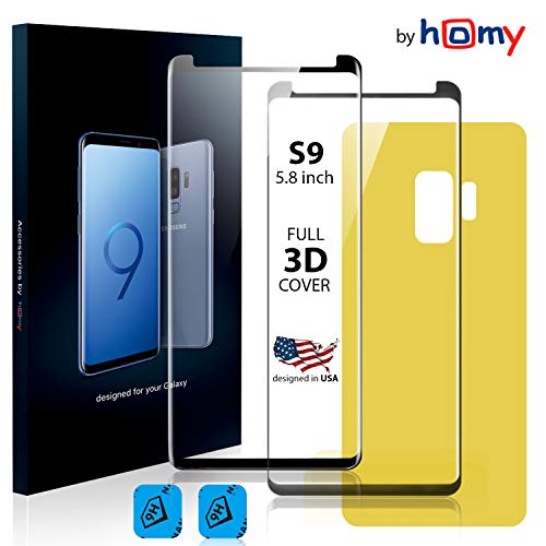 Homy Compatible UHD Screen Protector Samsung Galaxy S9 5.8 inch (not S9+) [2-Pack] - Free Back Cover & Camera Lens Cover. Made Full 3D Curved 9H Japanese Tempered Glass.