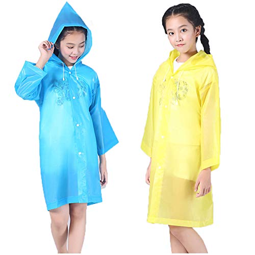 Unisex Rain Poncho for Kids-Reusable Packable Durable Lightweight Active Outdoor Children's Hooded Poncho Cloak Raincoat Rain Jacket Rain Wear for 6-12 Years Old Girls and Boys-Blue and Yellow