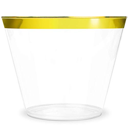 KüchePro 100 Pack 9oz Gold Rim Clear Plastic Cups - Disposable Plastic Wine Glasses for Parties, Birthdays, Fancy Cups for Kids, Bridal Showers, Fancy Cups for Wedding and Other Holiday Plastic Cups