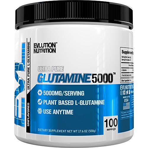 Evlution Nutrition L-Glutamine 5000, 5g Pure L Glutamine in Each Serving, Plant Based, Vegan, Gluten-Free, Unflavored Powder (100 Servings)