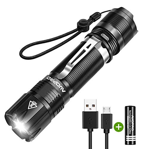 AUOPRO Powerful 800 Lumen Rechargeable Tactical LED Flashlight Handheld Torch Light with Clip - 18650 Battery, Military Grade Water Resistant, 5 Modes for Indoor/Outdoor(Home Emergency Camping Hiking)