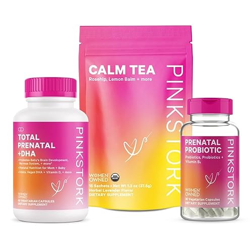 Pink Stork Pregnancy Bundle: Prenatal Vitamin with DHA & Folate, Prenatal Probiotics for Pregnant Women, Melatonin-Free Sleep Tea, Pregnancy Must Haves, Iron, Vitamin D, Vitamin C, Zinc, Women Owned