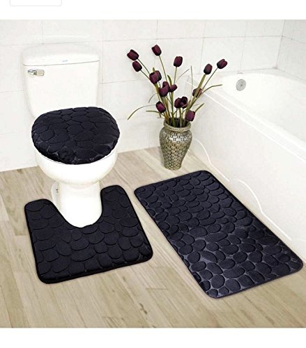 Mk Home 3pc Black Memory Foam Anti-Slip Bathroom Set Contour Bathroom Rug Set, Toilet Lid Cover and Mat New