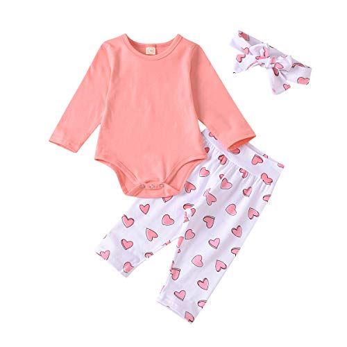 3Pcs Baby Girl Pink Ruffle Romper Long Sleeve Bodysuit Tops Flamingo Pants and Headband Outfits Set