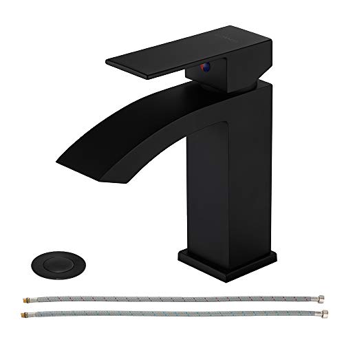 Book Cover EZANDA Brass Waterfall Bathroom Faucet with Extra Large Rectangular Spout, Deck Plate, Pop-up Drain Assembly & Water Supply Hoses Included, Matte Black, 14254