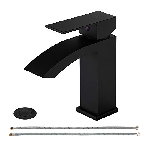 EZANDA Brass Waterfall Bathroom Faucet with Extra Large Rectangular Spout, Deck Plate, Pop-up Drain Assembly & Water Supply Hoses Included, Matte Black, 14254