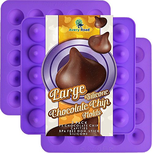 Book Cover Large Chocolate Chip Mold Silicone 3 Pack - Kisses Shaped Premium Grade Lfgb Fda Silicone Molds ~ Big Chocolate Kiss shape - Make 75 Kisses with these Candy Molds ~ Make Non Dairy & Sugar Organic