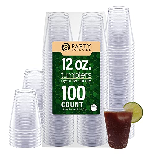 PARTY BARGAINS 12 oz Clear Plastic Cups, 100 Pack Heavy-Duty Plastic Clear Tumblers, Ideal for Weddings, Thanksgiving, and Christmas Parties
