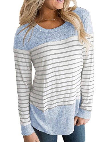 Hount Women‘s Round Neck Long Sleeve Blouse Shirts Casual Striped Tunic Tops