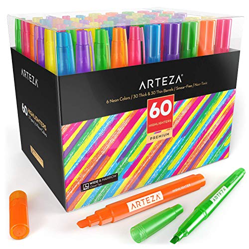 Book Cover Arteza Highlighters Set of 60, Bulk Pack of Colored Markers, Wide and Narrow Chisel Tips, 6 Assorted Neon Colors, Office Supplies for School, Office, or Home