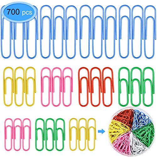Colored Paper Clips 700 Pieces, EAONE Vinyl Coated Metal Paper Clips 50mm 33mm 28mm Document Paper Organizer Clips for Office School Home, Colors