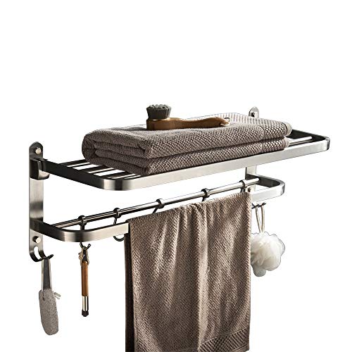 YJ YANJUN Hotel Towel Rack with Shelf for Bathroom Foldable Shower Towel Holder Wall Mounted Stainless Steel Brushed Nickel