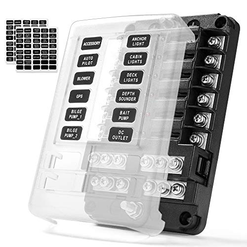 MICTUNING 12-Circuit Blade Fuse Block,12-Way Fuse Box Holder 30A Per Circuit with LED Indicator Waterproof Durable Protection Cover Sticker Lable For Automotive Car Boat Marine SUV