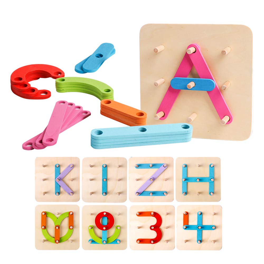 Book Cover kizh Wooden Letter and Number Construction Activity Set Educational Preschool Toys Shape Color Recognition Pegboard Sorter Set Board Blocks Stack Sort for Toddler Kids Boys Girls Non-Toxic Toy