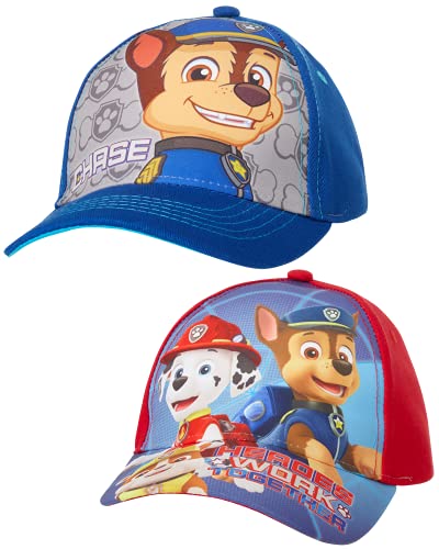 Book Cover Nickelodeon Boys' Paw Patrol Baseball Cap - 2 Pack Chase, Marshall, Rubble Curved Brim Strap Back Hat (2T-7), Size 4-7 Years, Paw Patrol Blue/Red