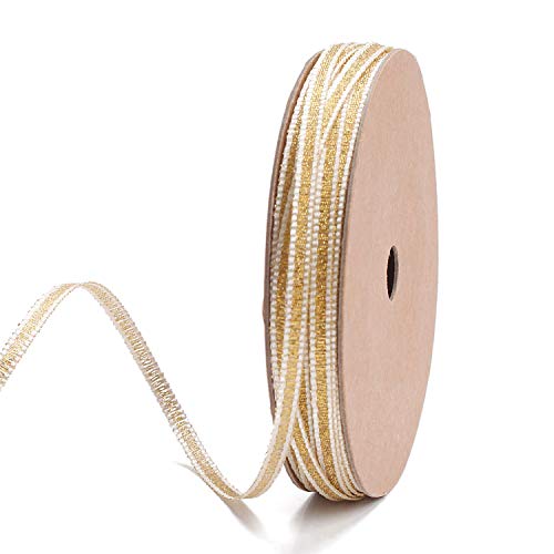 LaRibbons 4Mm Wide Gold and White Striped Metallic Ribbon for Decoration, Craft, Gift Wrappping - 10 Yard/Spool