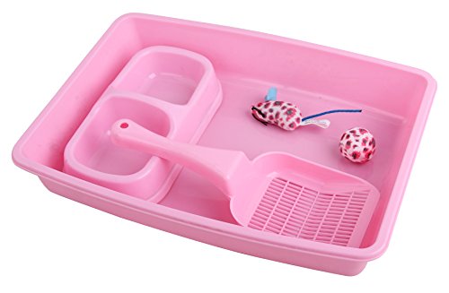 PAWISE Kitty Cat Starter Kit Includes 4-Pieces - Cat Litter Pan, Cat Litter Scooper, Cat Bowls, Cat Toy, 14.5x10.5 Inches, Pink