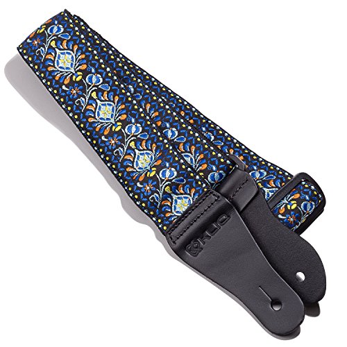 Book Cover KLIQ Vintage Woven Guitar Strap for Acoustic and Electric Guitars | '60s Jacquard Weave Hootenanny Style | 2 Rubber Strap Locks Included, Hendrix Blue