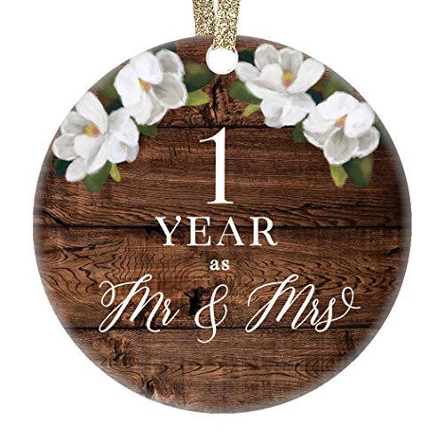 First 1st Wedding Anniversary Christmas Tree Ornament One Year Together Husband & Wife Married Couple Pretty Rustic Ceramic Collectible Keepsake Gift 3" Flat Porcelain with Gold Ribbon & Free Box