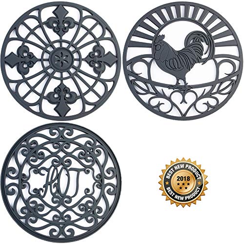 Silicone Trivet Set for Hot Dishes | Modern Kitchen Hot Pads for Pots & Pans | Country Decor Designs Mimics Vintage Cast Iron Trivets | 7.5" Round, Set of 3, Dark Gray