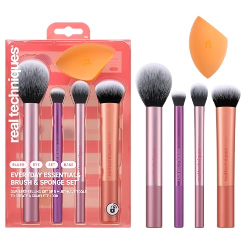 Real Techniques Everyday Essentials Makeup Brush Complete Face Set (Miracle Complexion Sponge, Expert Face, Blush, Setting and Deluxe Crease Brushes)