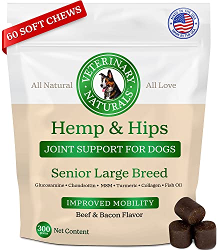 Vet Naturals Hemp & Hips - Dog Joint Supplement Large Breed - Senior Dog Supplements - Glucosamine and Chondroitin Supplement for Large Dog - MSM & USA Grown Hemp Oil (60ct-Beef and Bacon)