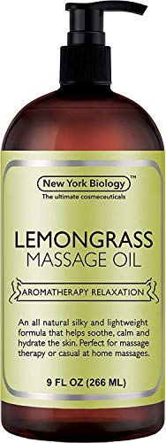 New York Biology Lemongrass Massage Oil - 100% Natural Ingredients - Sensual Body Oil Made with Essential Oils for Muscle Relaxation and Deep Tissue - 9 oz