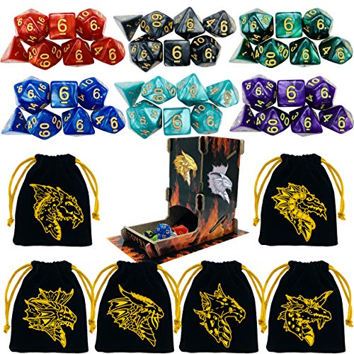 Book Cover TOYFUL 6 Sets DND Dice Polyhedral Dungeons and Dragons DND RPG MTG Table Game Dice Bulk with Free Six Drawstring Bags and D&D Dice Tower Black
