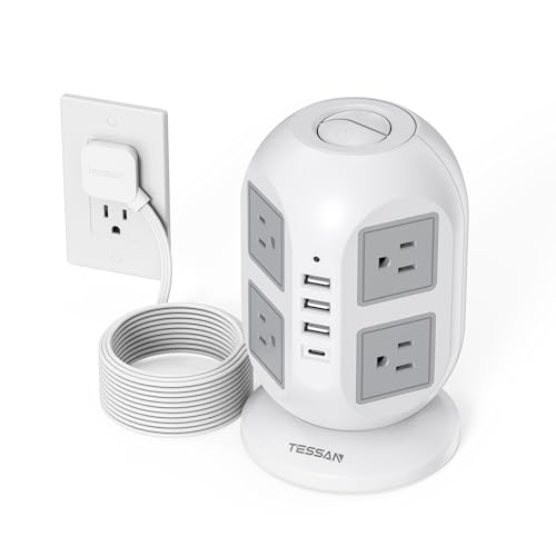 Power Strip Tower TESSAN Surge Protector 8 AC Outlets with 4 USB Ports Charging Station Long Extension Cord 10 Feet, Widely Spaced Multi Outlets, Circuit Breaker Safeguard for Home Office Dorm Room