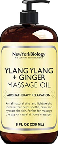 New York Biology Ylang Ylang and Ginger Massage Oil 8 Fl. oz – Made with 100% Natural Oils – Sensual Body Oil for Massage Therapy, Muscle Relaxation and Deep Tissue