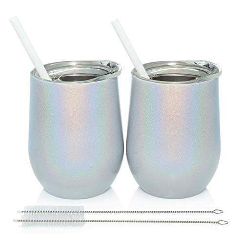 Book Cover Trugos 12 oz Sparkly Stemless Wine Tumbler (Set of 2) Stainless Steel Double Wall Vacuum Insulated Cups With BPA Free Lid, Straw, and Cleaning Brush Great Travel Glasses For Wine, Coffee, Cocktails