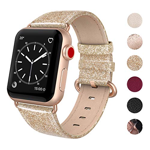 SWEES Leather Band Compatible for Apple Watch 38mm 40mm, Genuine Leather Shiny Glitter Strap Compatible iWatch Apple Watch Series 4 Series 3 Series 2 Series 1, Sports & Edition Women, Glistening Gold