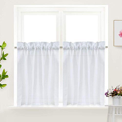 IDEALHOUSE White Tier Curtains,Waffle Woven Textured Short Window Curtain for Cafe,Bathroom,Kitchen & Kids Bedroom Rod Pocket Curtains (2 Panels, 30Inch Wide by 36Inch Long)
