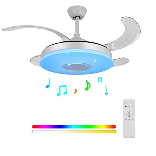 Book Cover HOREVO Retractable ceiling fans with lights and Bluetooth speaker 42 Inch Fandelier Invisible Blades Chandelier Fan Color Changing Dimmable Hidden Bluetooth Ceiling Fan with lights with remote