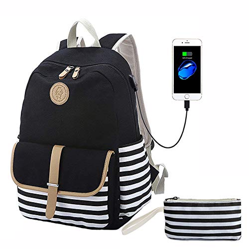 Lmeison Canvas Backpack for Teen Girls, Lightweight Cute Striped Bookbag with USB Charging Port Pencil Case, Charging School Backpacks Set for Women College 15.6" Laptop Bag Travel Daypack, Black