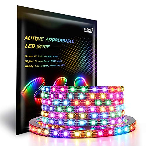 ALITOVE WS2812B Addressable 300 Pixels RGB LED Strip Light 5m/16.4ft Programmable Dream Color Digital LED Flexible Strip Pixel Light Waterproof IP65 5V Black PCB for Home Bedroom Bar Decor Lighting