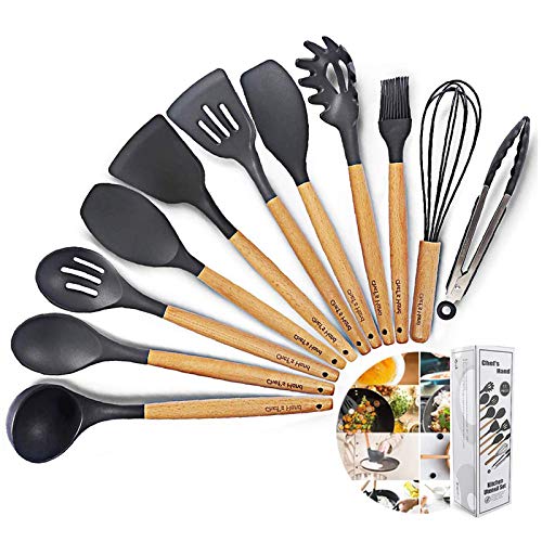 Kitchen Utensil Set Silicone Cooking Utensils 12Piece - Cooking Utensils Set with Bamboo Wood Handles for Nonstick Cookware,Non Toxic Turner Tongs Spatula Spoon Set.-Chef's Hand