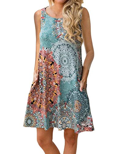 Women Sleeveless Damask Print Floral Casual T Shirt Dress with Pockets (XL, Color1)
