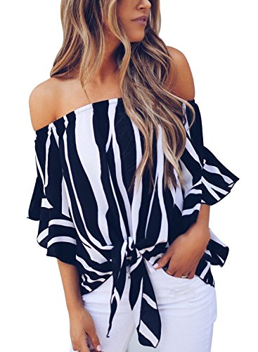 Book Cover Asvivid Women's Striped Off Shoulder Bell Sleeve Shirt Tie Knot Casual Blouses Tops