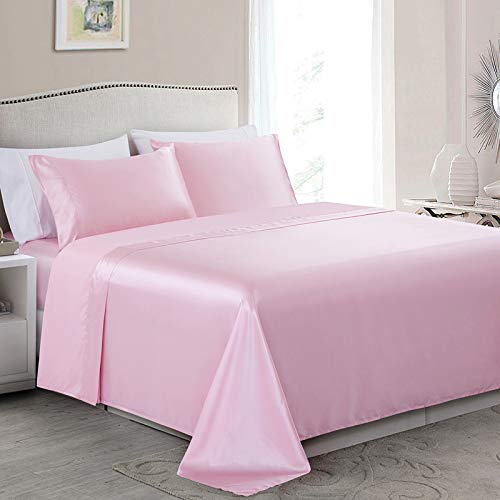 Book Cover Vonty Satin Sheets King Size Silky Soft Satin Bed Sheets Pink Satin Sheet Set, 1 Deep Pocket Fitted Sheet + 1 Flat Sheet + 2 Pillowcases