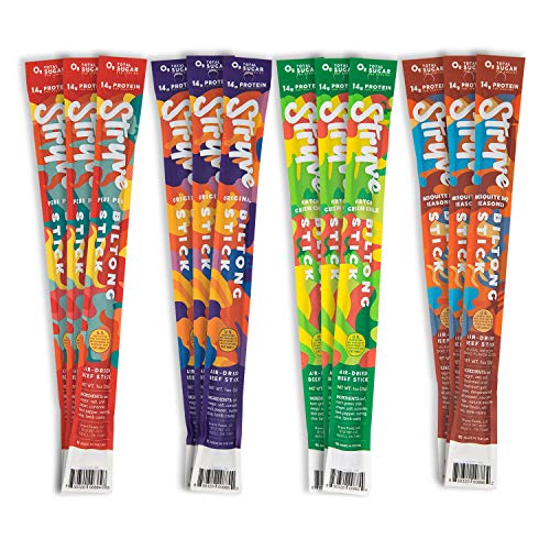 Stryve Biltong Beef Sticks. 14g Protein, Sugar Free, No Carbs, Gluten Free, No Nitrates, No MSG, No Preservatives. Keto and Paleo Friendly. Variety 12-Count