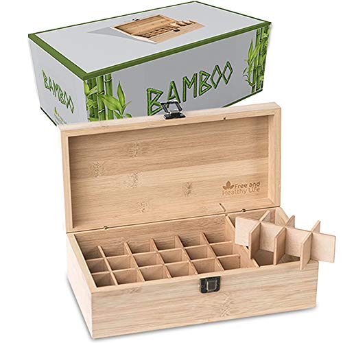Bamboo Essential Oil Storage Box Organizer Wooden with 32 Slots for Bottles 5ml,10ml, 15ml Including Roller Ball Bottles by Free and Healthy Life