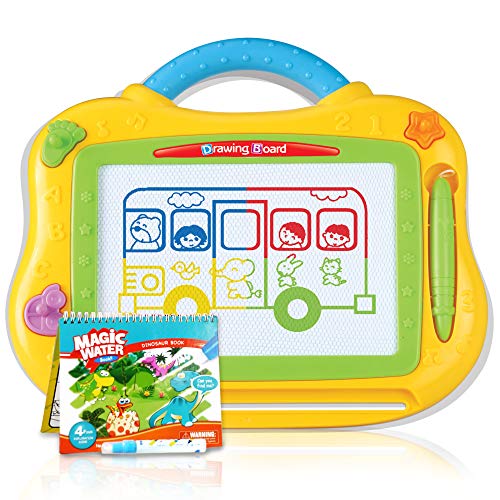 Book Cover ATHENA FUTURES Kids Magnetic Drawing Board - Full Color - Travel Size - Includes Pen and 3 Fun Shaped Magnets for Doodles and Writing - Bonus Magic Water Dinosaur Book