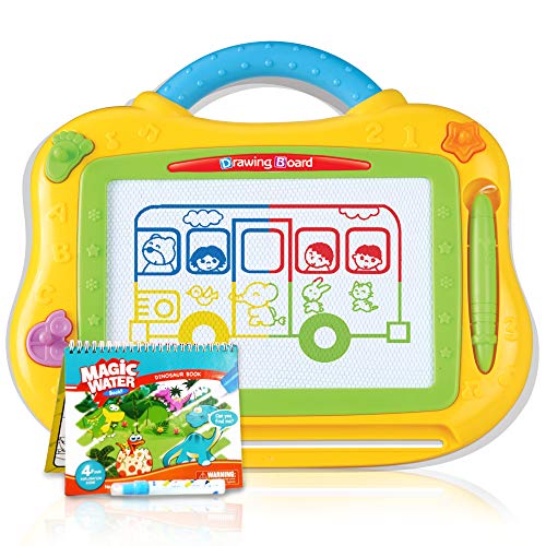 ATHENA FUTURES Kids Magnetic Drawing Board - Full Color - Travel Size - Includes Pen and 3 Fun Shaped Magnets for Doodles and Writing - Bonus Magic Water Dinosaur Book