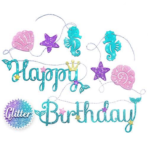 Mermaid Happy Birthday Banner - Mermaid Party Supplies Decorations | PREMIUM Under the Sea Mermaid Birthday Party Decor Theme | NEW for 2020, Cute, Sparkle Glitter, and Pre-assembled!