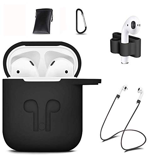 AirPods Case Cover,7 In 1 AirPods Accessories Silicone Airpods Protective Cover Set with Clip Holder/Keychain/Strap/Earhooks/Soft Storage Bag for Apple Airpod (Black) by GIM