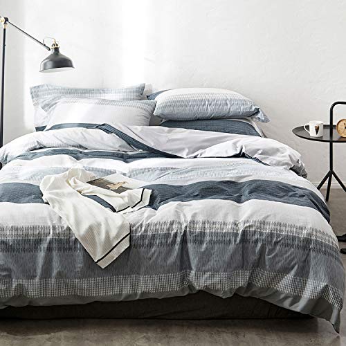 OREISE Duvet Cover Set King Size 100% Cotton Soft Bedding Set Gray Blue White Printed Striped Style,3Piece (1 Duvet Cover + 2 Pillowcase),Comfortable Luxurious